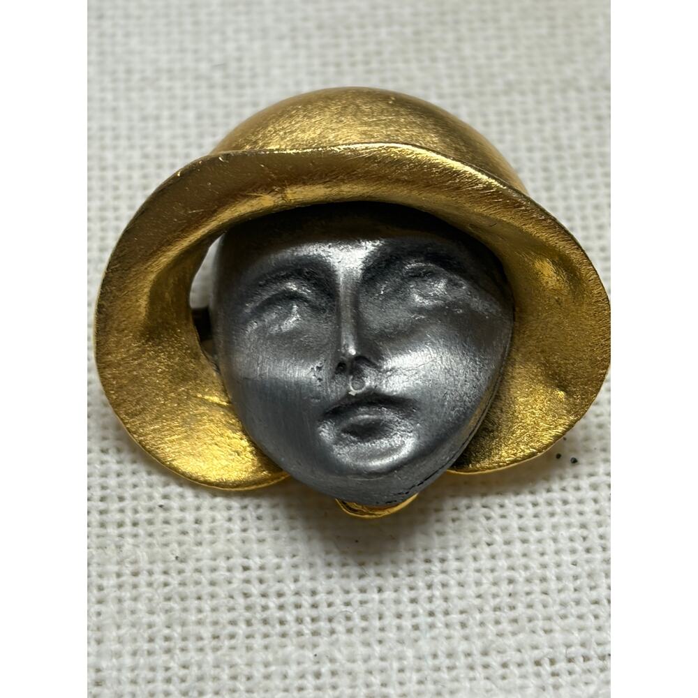 Ultra Craft Vintage Figural Face Brooch Gold Tone Hat Mask Pin